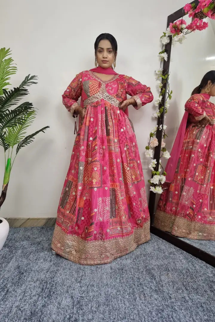 Alia Cut Chinon Anarkali Suit With Duppatta in Pink
