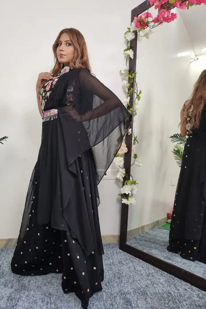 Floral Embroidery Crop Top Sharara With Attached Drape in Black