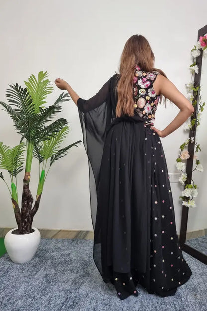 Floral Embroidery Crop Top Sharara With Attached Drape in Black