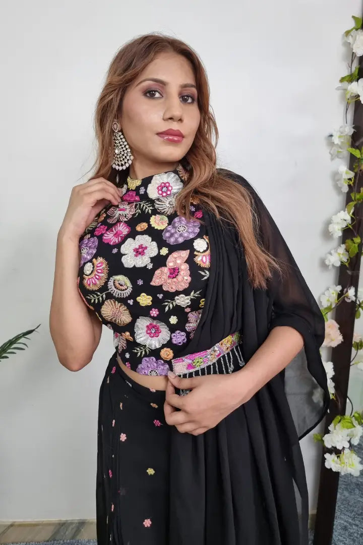 Floral Embroidery Crop Top Sharara With Attached Drape in Black