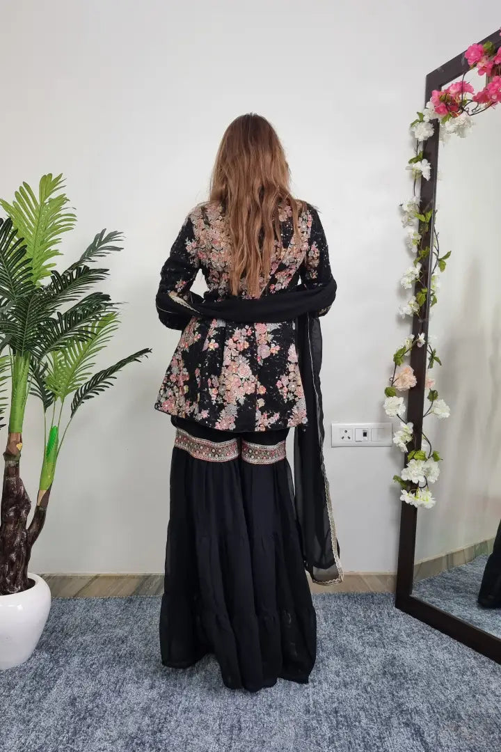 Sequence Work Coat Style Sharara Suit In Indowestern Style in Black