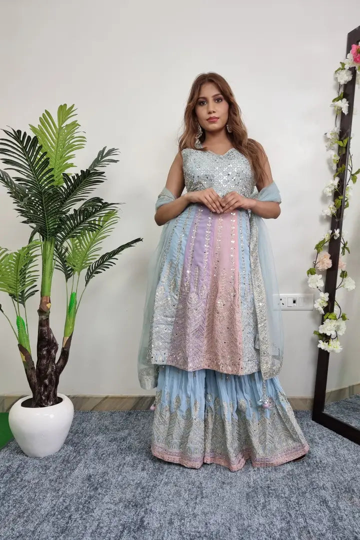 Anarkali Suit With Sharara With Duppatta In Pastels