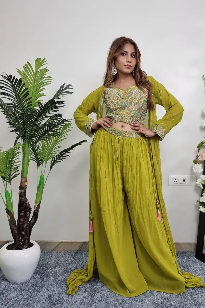 Crop top Sharara With Shrug In Light Parrot Colour