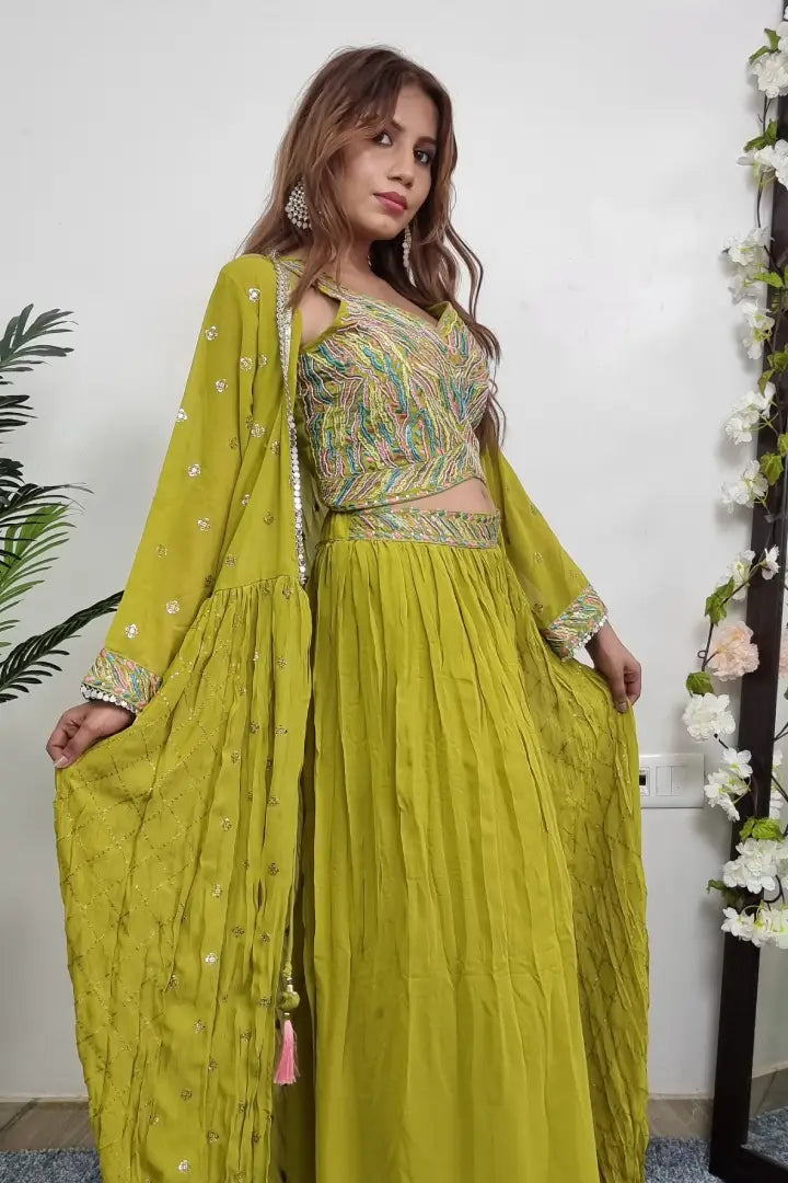 Crop top Sharara With Shrug In Light Parrot Colour