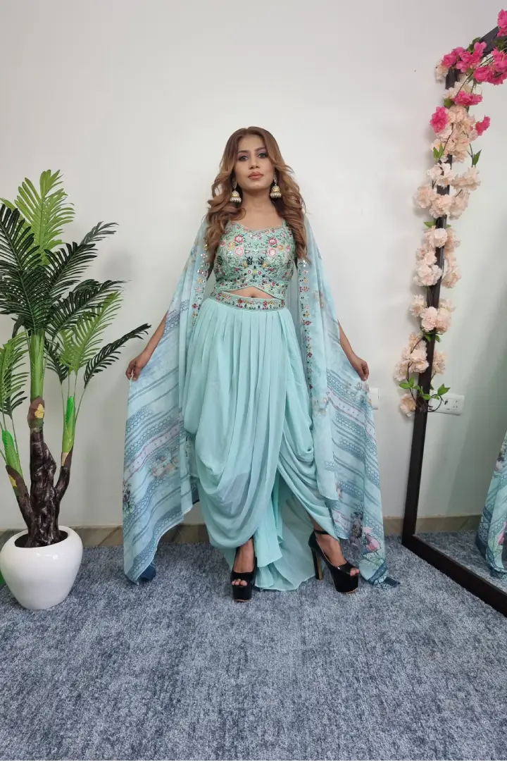 Indo Western Three Piece Dress with Shrug in Sky Blue Spend
