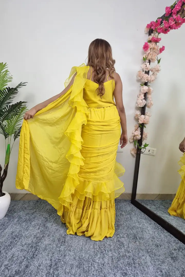 Hand Embellished Sharara Dress With Drape In Yellow