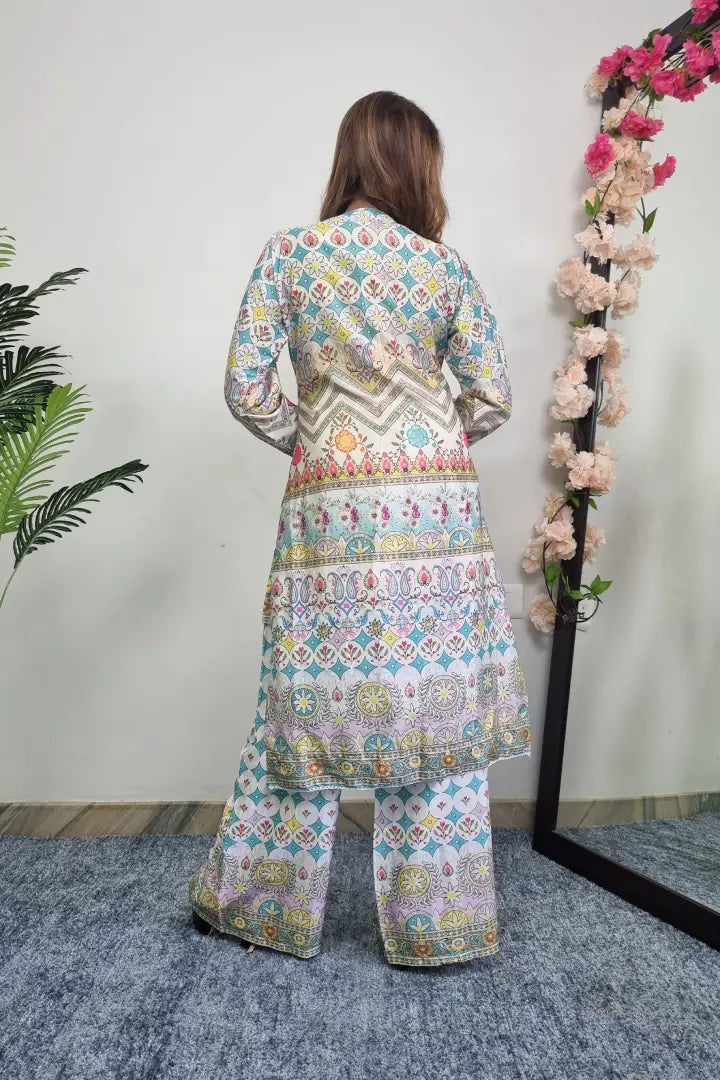 Straight Printed Shirt Plazo Suit With Separate Shrug in Multi Colour