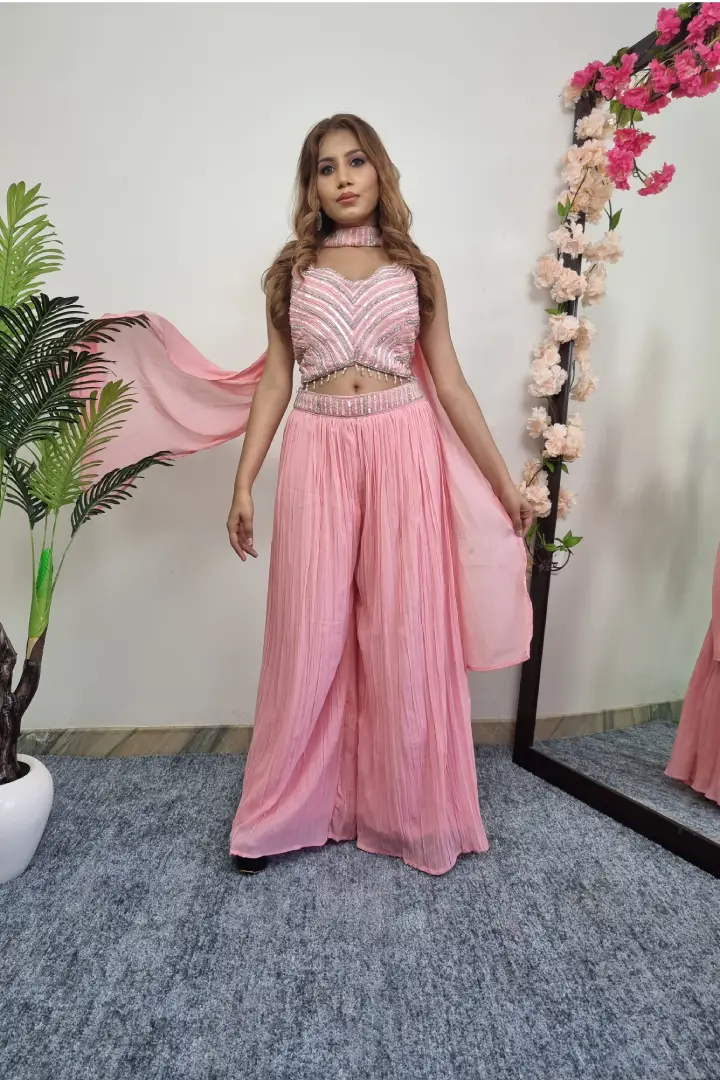 Designer Crop Top Sharara Dress In Pink