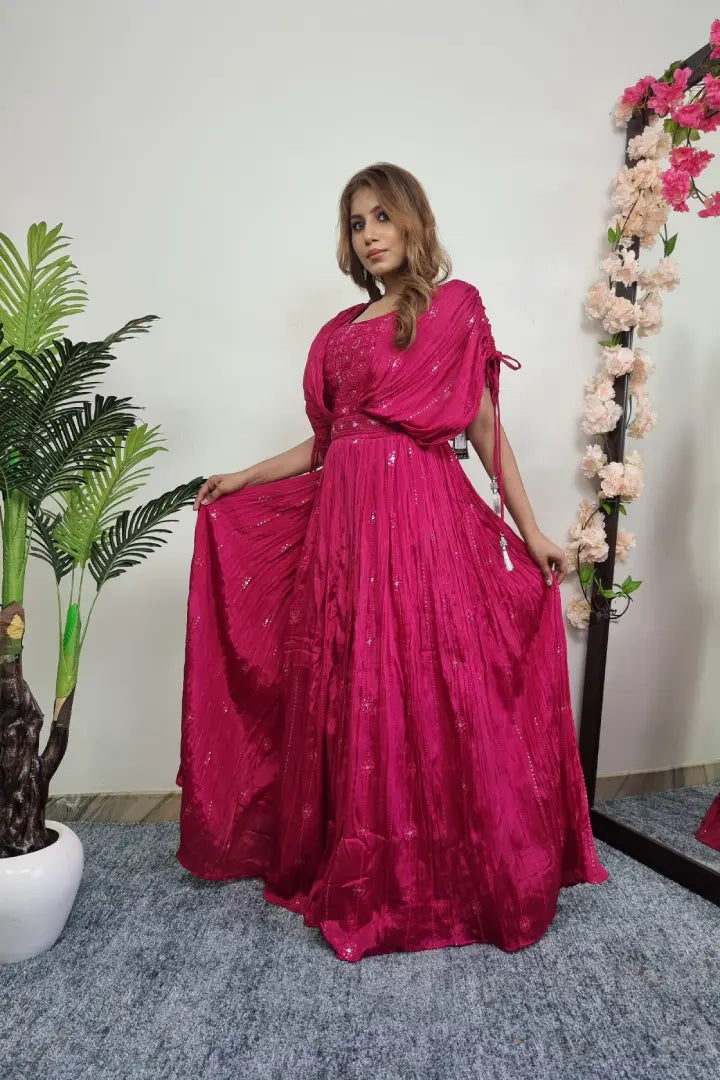 Drop Shoulder Cape Style Designer Dress in Fushia Pink