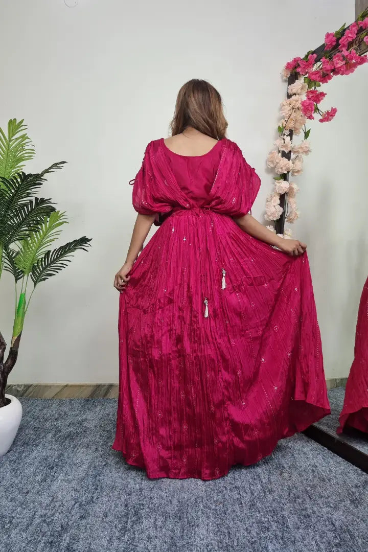 Drop Shoulder Cape Style Designer Dress in Fushia Pink