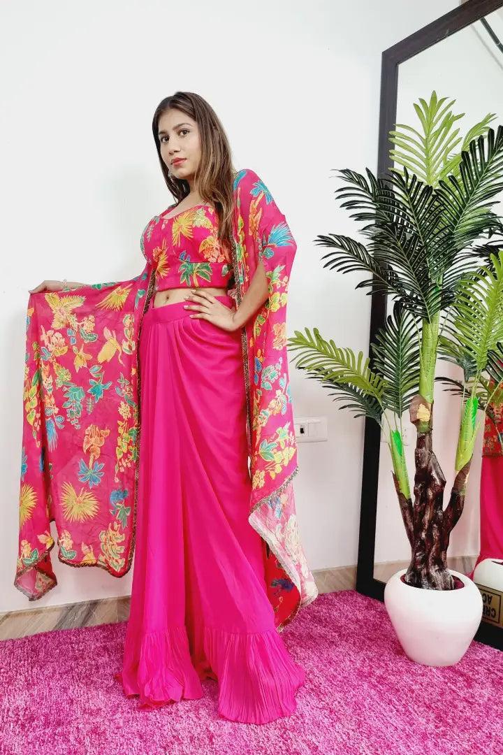 Printed Crop Top Skirt With Shrug Dress in pink Spend Worth Clothing All Rights Reserved