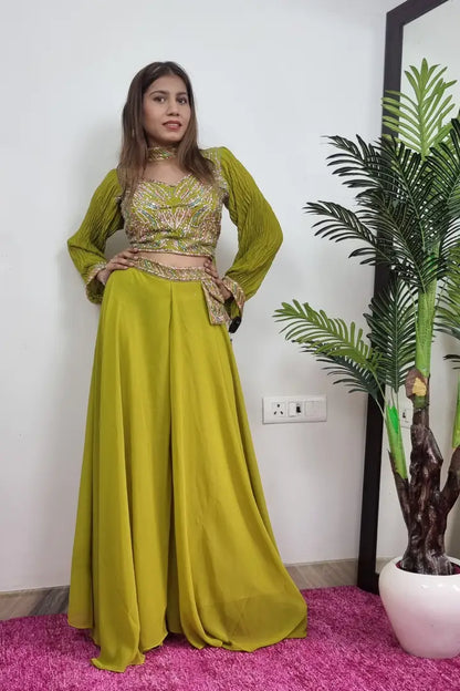 Embroidered Crop Top Sharara Dresss in Parrot