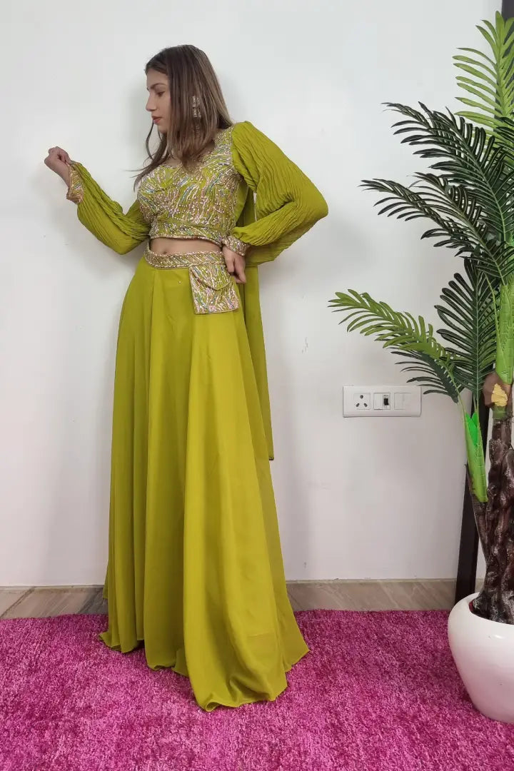 Embroidered Crop Top Sharara Dresss in Parrot