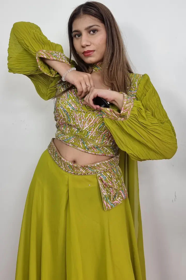 Embroidered Crop Top Sharara Dresss in Parrot