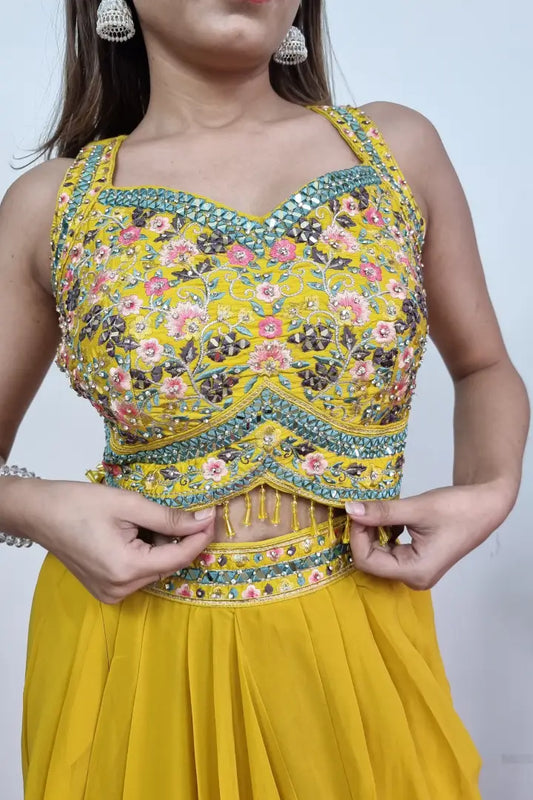 Crop Top Skirt With Embroidered Shrug In Yellow