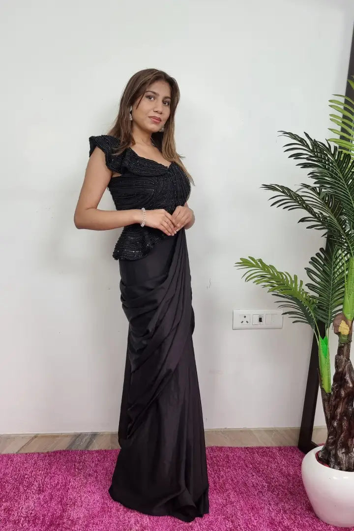 Peplum Top Ready To Wear Drape Saree In Black