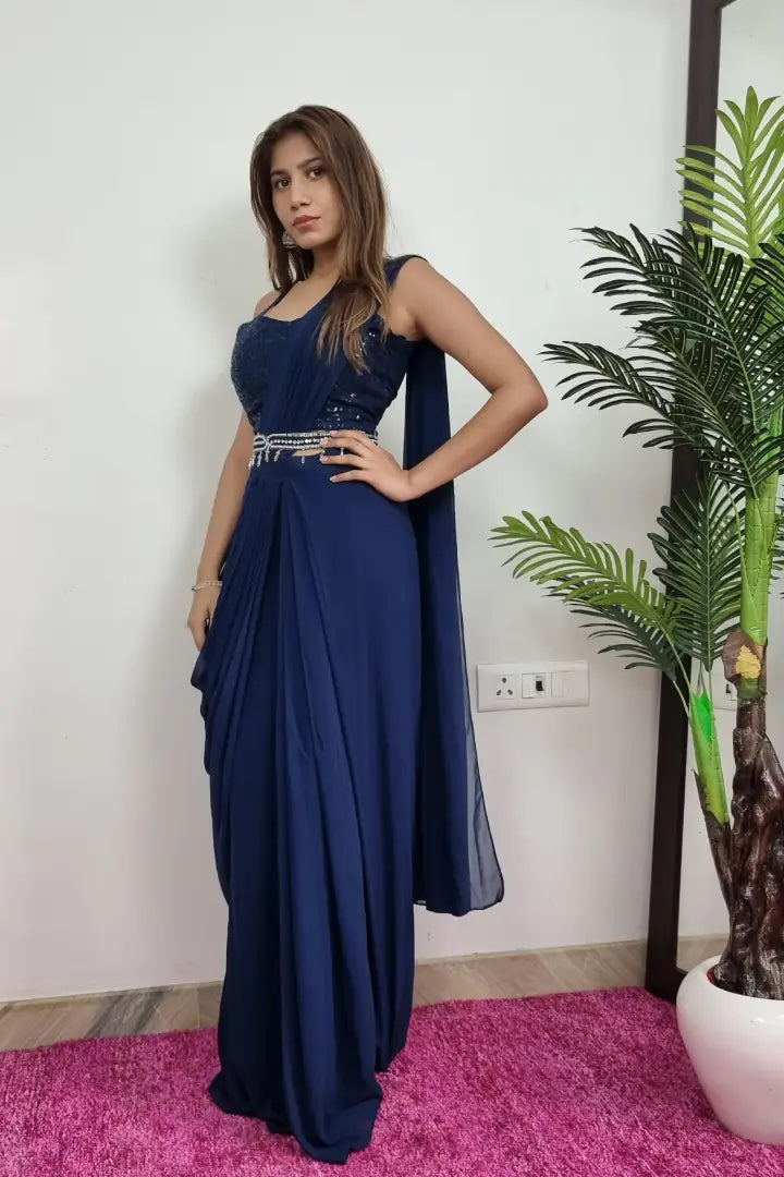 Sequence Work Drape Dress In Blue With Separate Belt