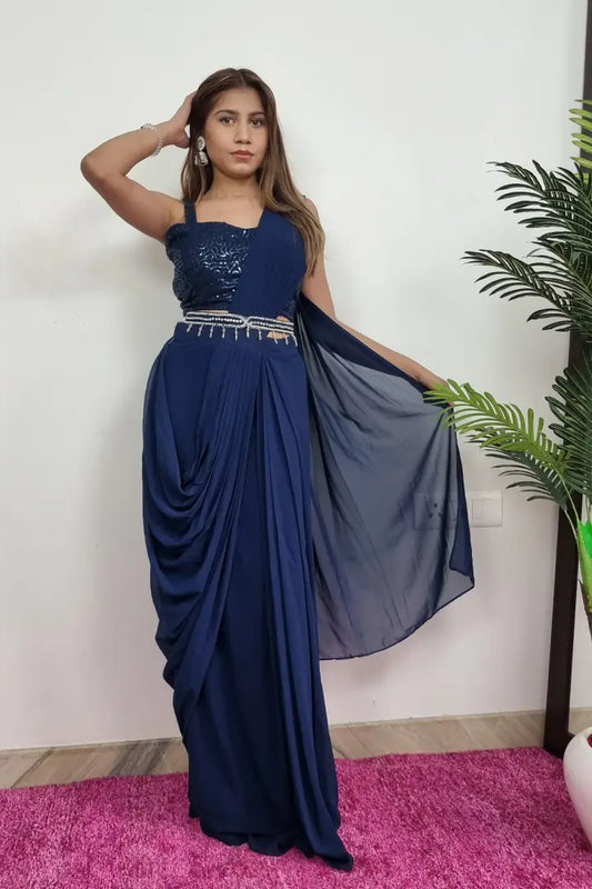 Sequence Work Drape Dress In Blue With Separate Belt