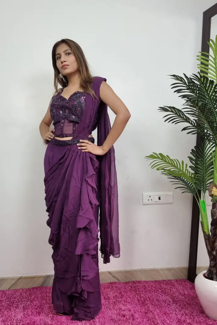 Designer Top Ready To Wear Drape Saree In Wine