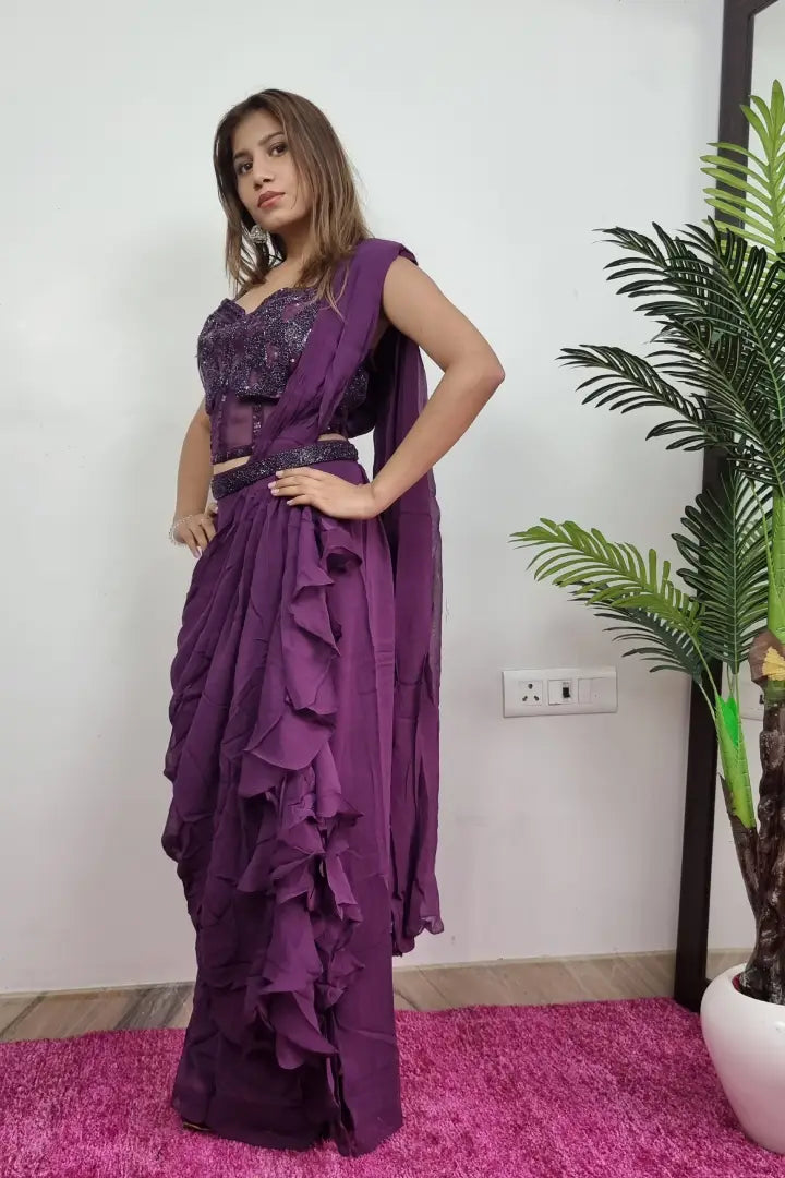Designer Top Ready To Wear Drape Saree In Wine
