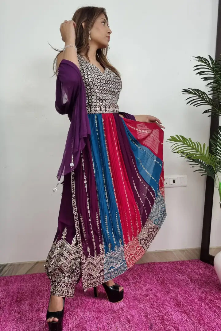 Multi Anarkali Partywear Suit Set With Afghani Salwar Bottom