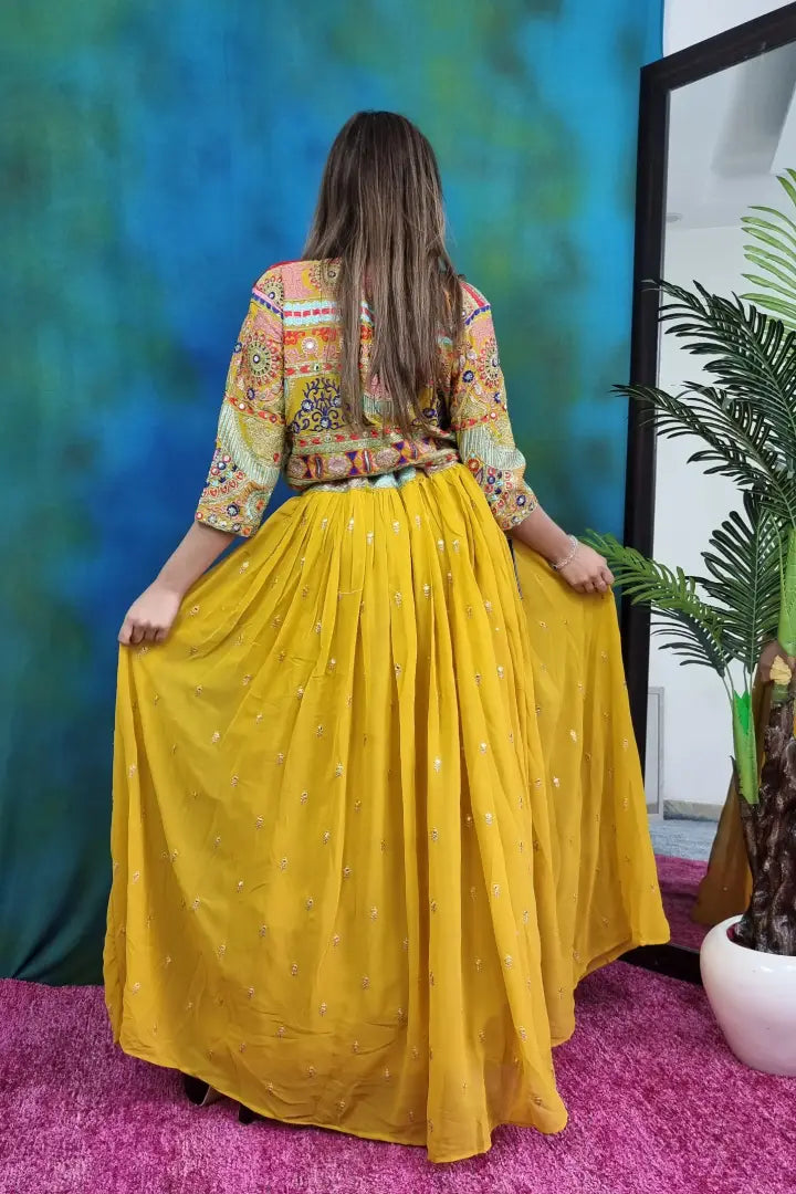 Crop Top Skirt With Threadwork Embroidered Short Jacket Dress in Yellow