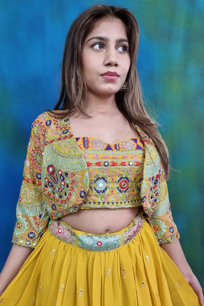 Crop Top Skirt With Threadwork Embroidered Short Jacket Dress in Yellow