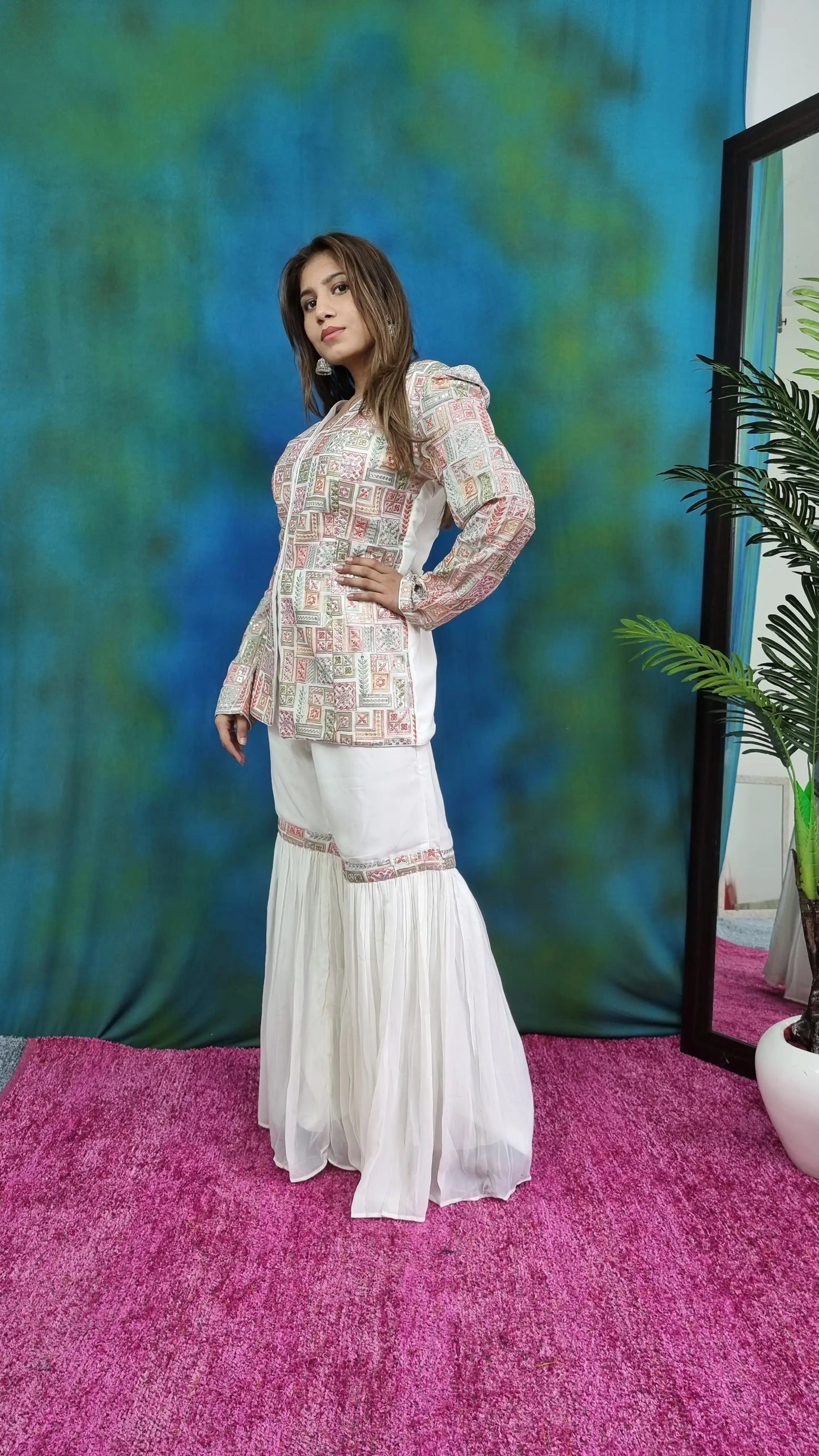 Cord Set Style Designer Sharara Suit Dress in White