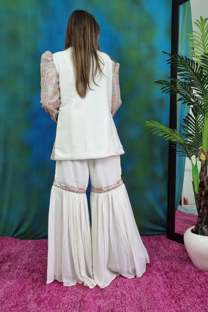 Cord Set Style Designer Sharara Suit Dress in White