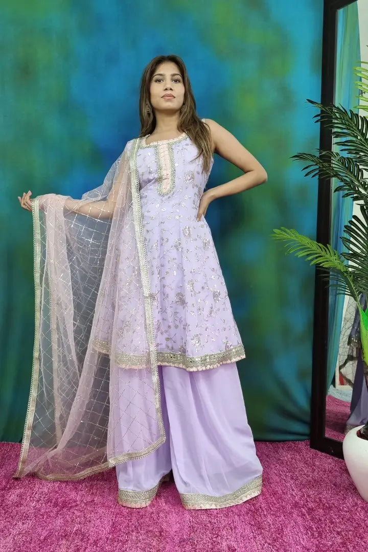 Peplum Anarkali Embroidered Suit Set  in Lavender