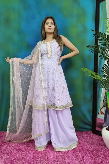 Peplum Anarkali Embroidered Suit Set  in Lavender