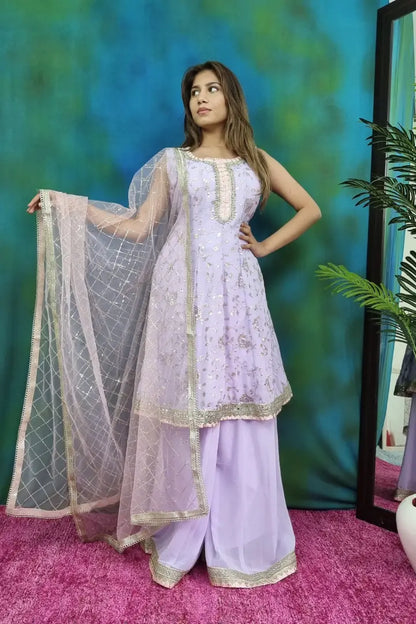 Peplum Anarkali Embroidered Suit Set  in Lavender