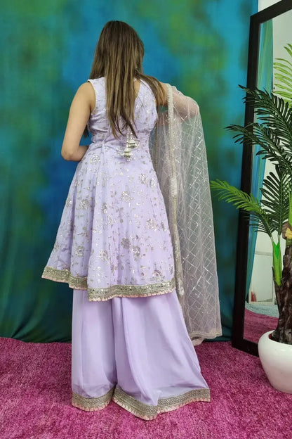 Peplum Anarkali Embroidered Suit Set  in Lavender