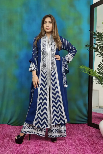 ThreadWork Embroidered Indowestern Suit set In Blue