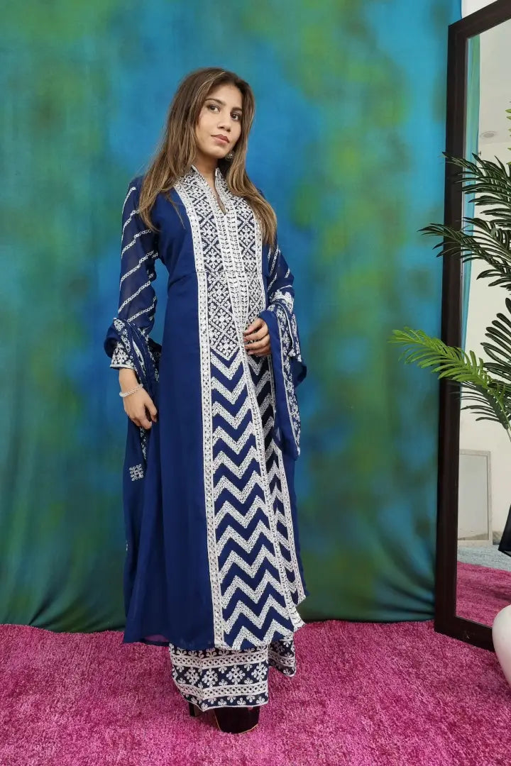ThreadWork Embroidered Indowestern Suit set In Blue