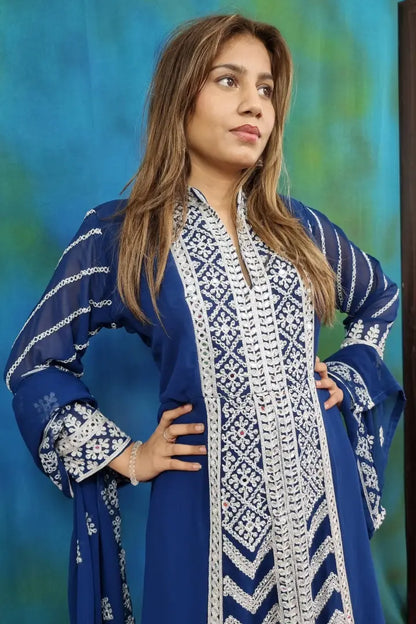 ThreadWork Embroidered Indowestern Suit set In Blue