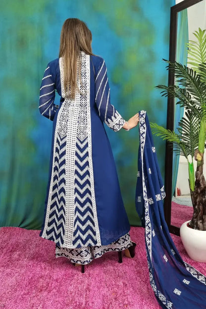 ThreadWork Embroidered Indowestern Suit set In Blue