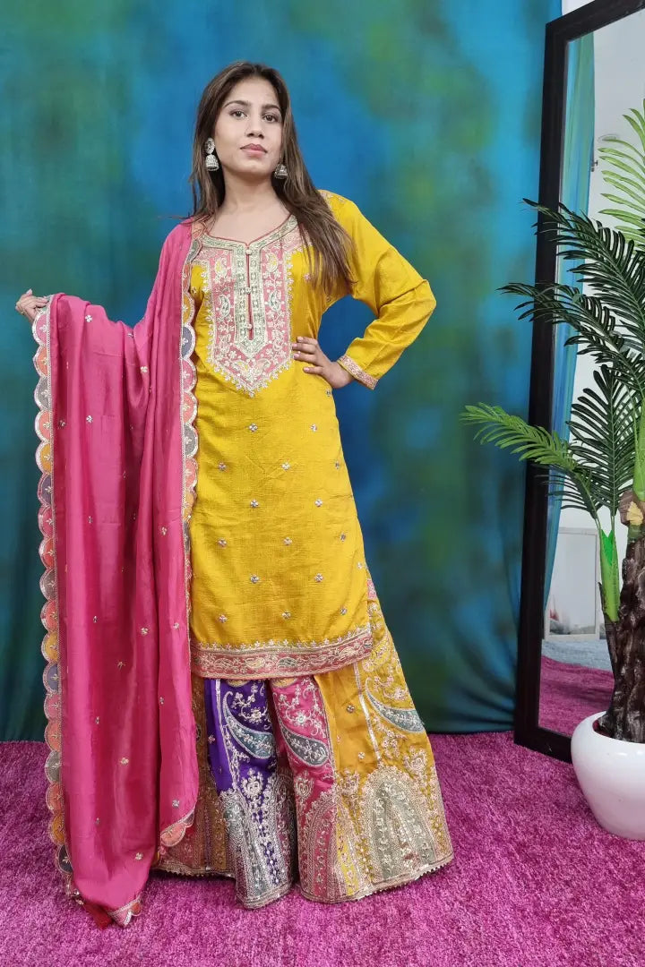 Pakistani Style Partywear Kurta With Multi Embroidered Skirt Bottom
