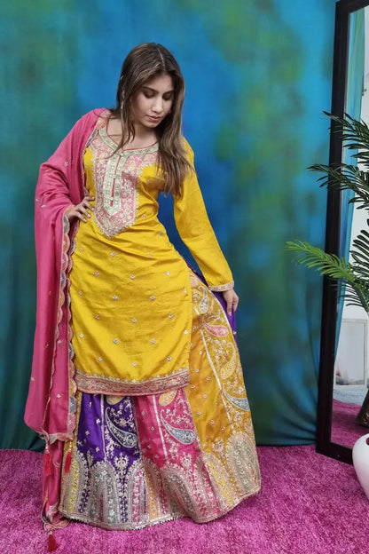 Pakistani Style Partywear Kurta With Multi Embroidered Skirt Bottom