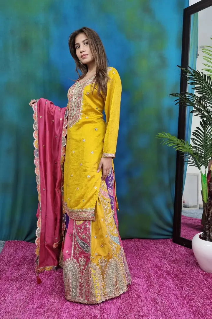 Pakistani Style Partywear Kurta With Multi Embroidered Skirt Bottom