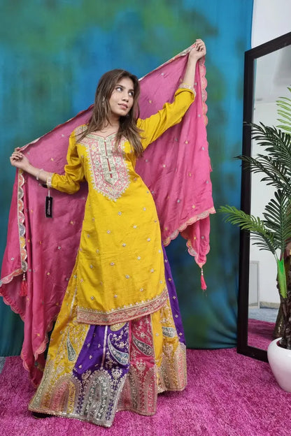 Pakistani Style Partywear Kurta With Multi Embroidered Skirt Bottom