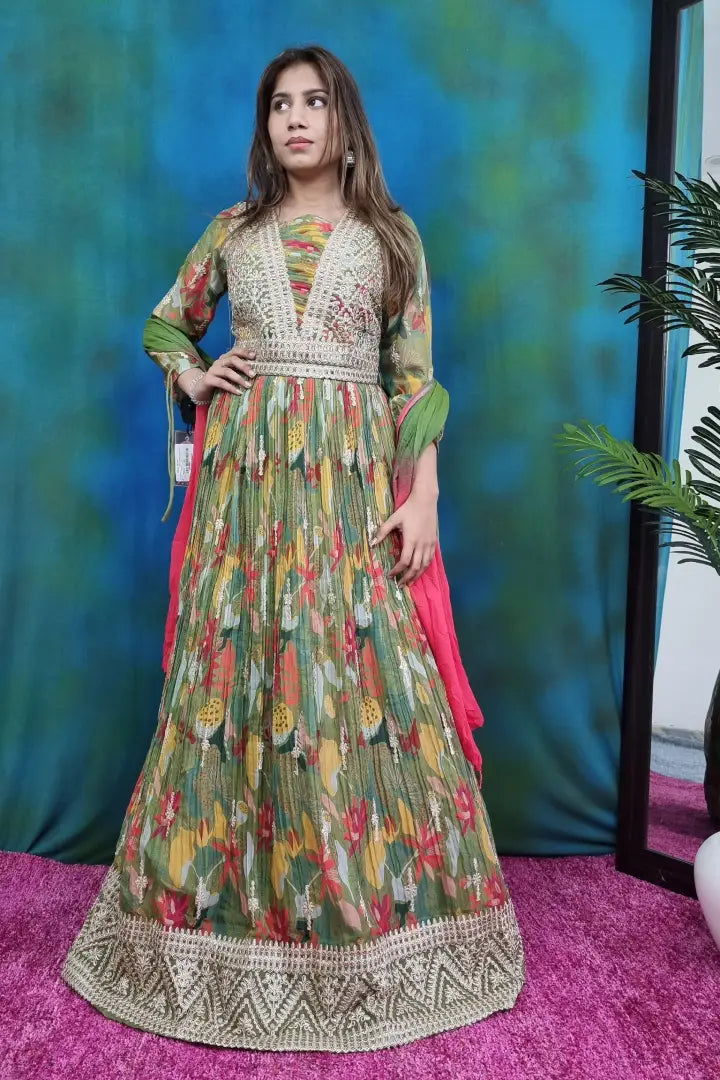 Alia Cut Chinon Partywear Anarkali Dress in Green