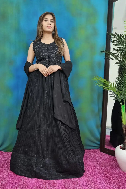 Black Anarkali Dress With Thread Sequence Work Embroidery With Separate Belt