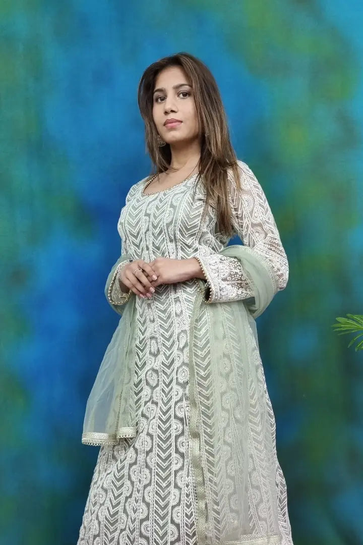 Chikan ThreadWork Anarkali Dress in Pista Green