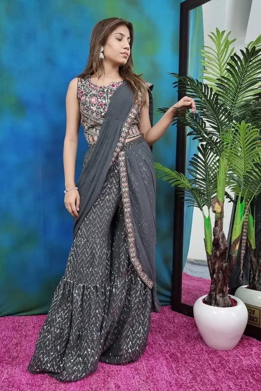 Crop Top Sharara Dress With Attached Drape in Grey