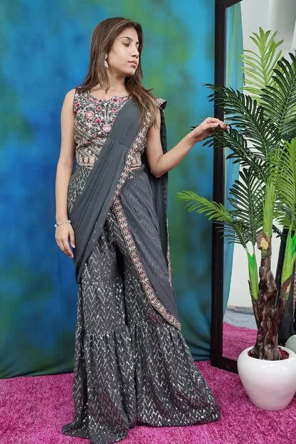 Crop Top Sharara Dress With Attached Drape in Grey