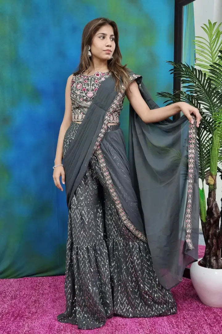 Crop Top Sharara Dress With Attached Drape in Grey