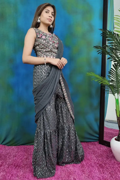 Crop Top Sharara Dress With Attached Drape in Grey