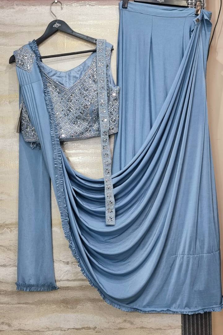 Embroidered Blouse Ready To wear Drape Dress With Belt in Grey