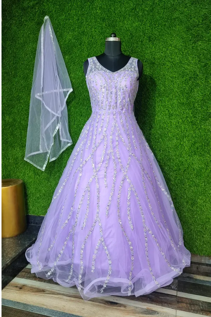 Full Embroidered Partywear Gown With Front And Back Work In Lavender